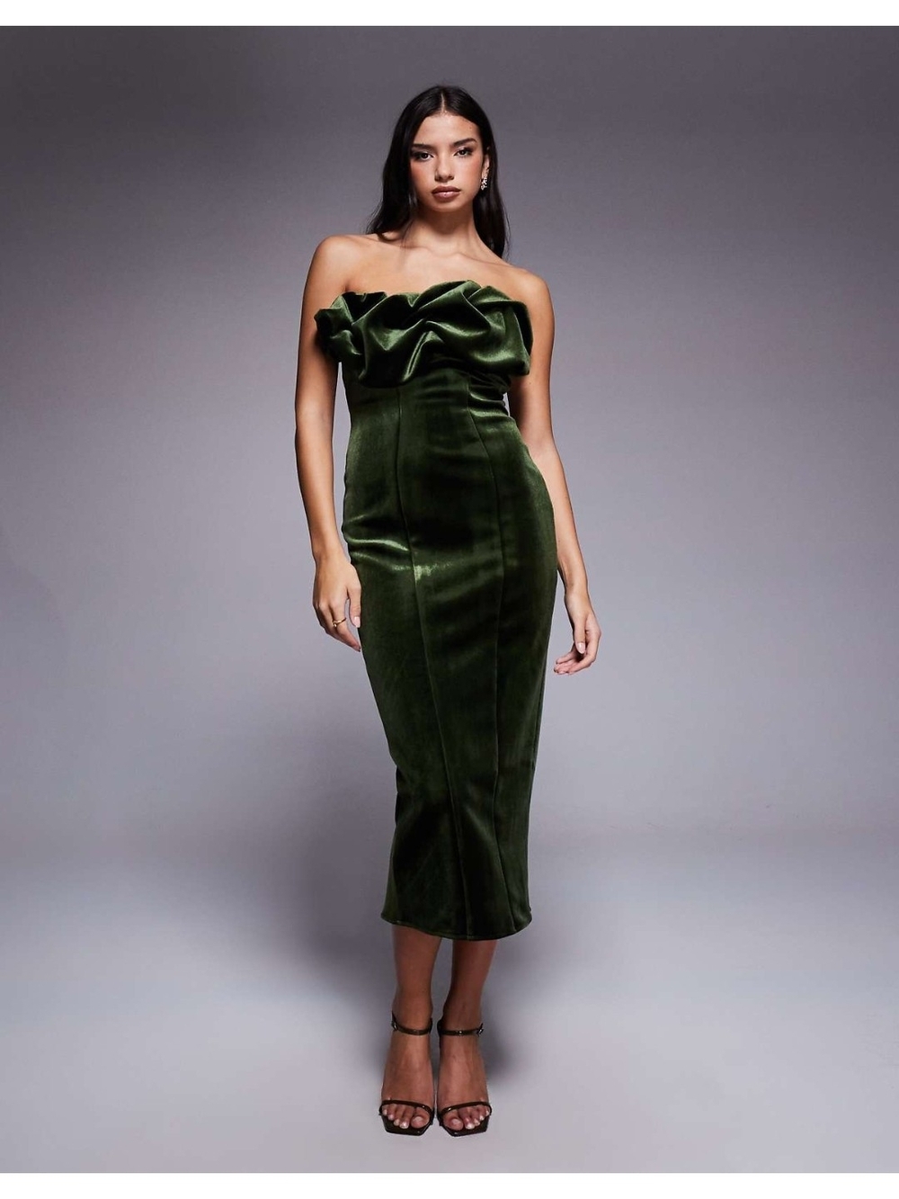 Strapless Ruffle Velvet Midi Dress in Dark Green